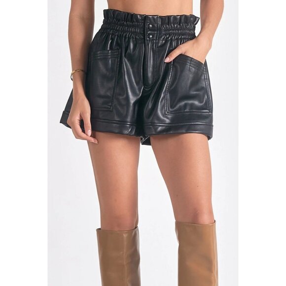 ELAN-FLORA BLACK VEGAN LEATHER Elastic Waist SHORT Womens Size Large - Picture 1 of 10